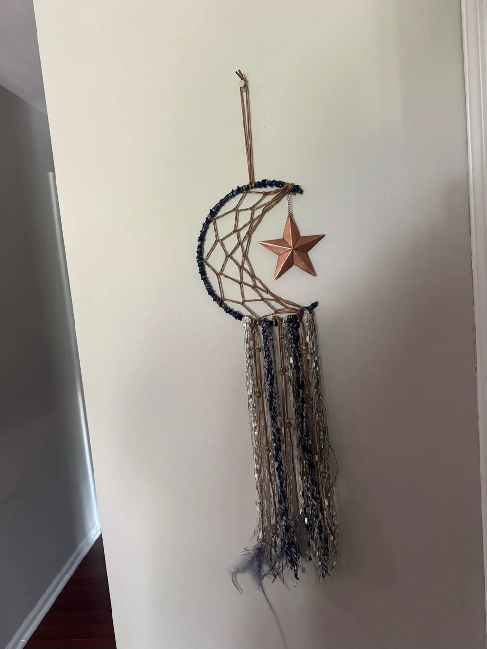 Boho Crescent Moon Wall Hanging with Copper Star - Navy and Tan